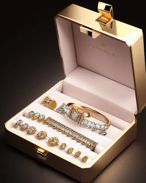 Jewelery case. Shiny jewelry.  Necklaces. Rings. Bracelets.  Diamonds. Gold and silver jewelry.  Realistic. Full image.,  realistic and natural,  detailed full-color,  hd photography,  perfect composition,  hyperrealism, polished, beautiful, detailed, photorealistic, studio lighting