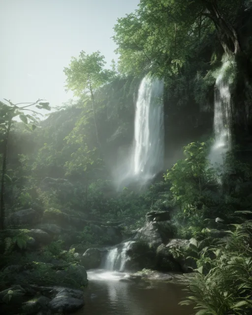 Shadow of a Angel with flower wings in the boreal background with waterfall