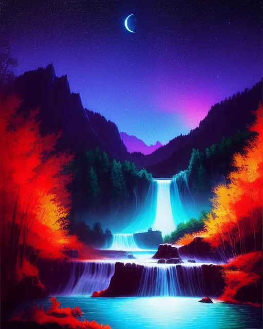 A stunning landscape of colorful waterfalls by Noah Bradley ( III )