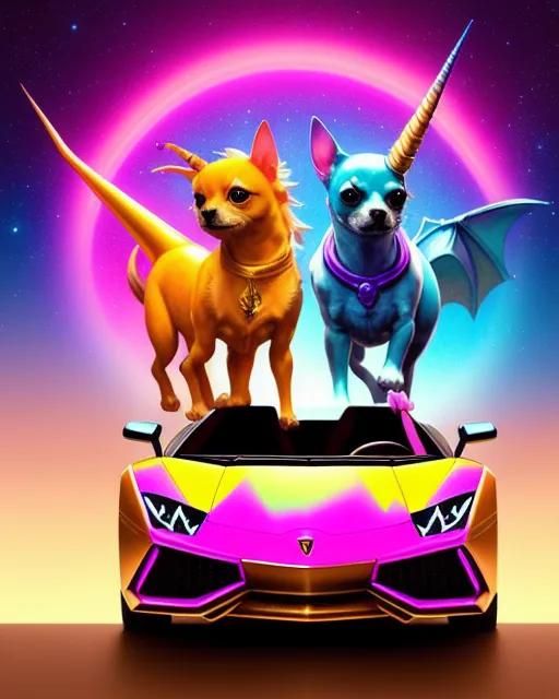 Chihuahua, Dragon, Cat & Unicorn in a Lamborghini - starryai