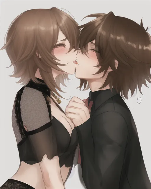 Cute male femboy kissing another femboy, both have brown hair 