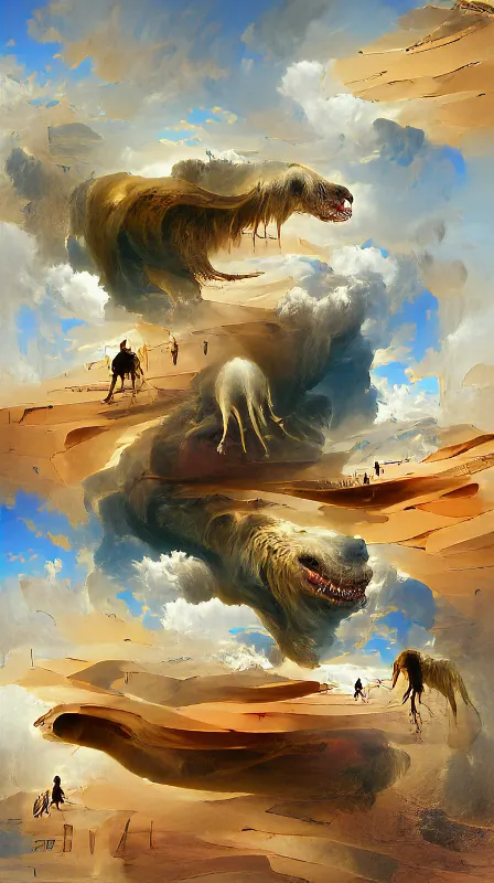 Giant creature walking on cloudy - Free AI Photo Generator - starryai