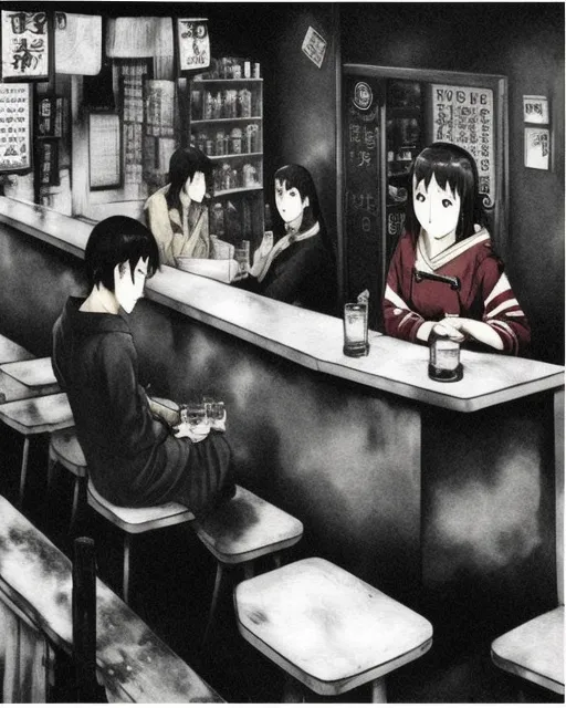 A dingy Japanese bar. Man sitting across the counter holding a whiskey glass. Young woman serving a different patron. Poster of a 1950s Japanese movie on the worn out wall behind the man.