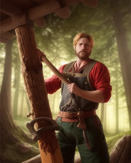 a handsome and beautiful woodcutter swings an axe, fairytale, magic realism, mysterious, vivid colors, Jennifer Lommers, Olga Kvasha , rich colors, intricate delicate carvings, elegant, smooth, sharp focus, 8 k, octane render