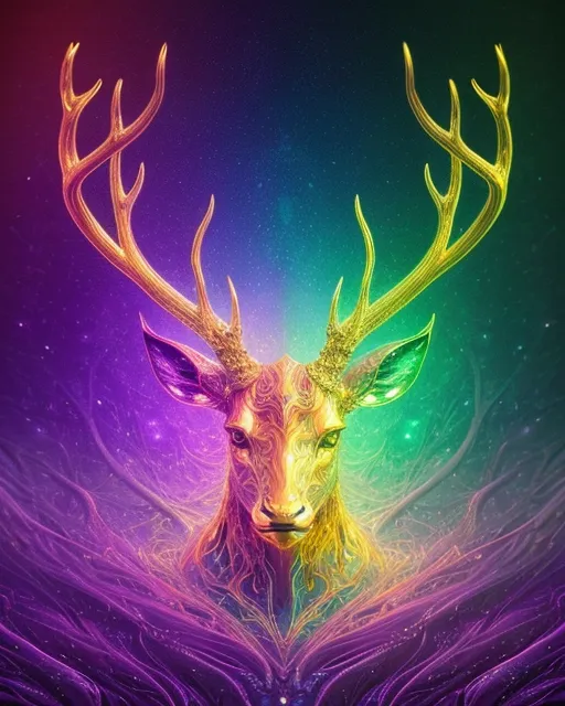 A golden stag, amazingly fluid, detailed, 3d fractals, light particles, water drops, shimmering light, dreamy, surreal, alcohol ink, smooth, shimmering, dreamy glow, conceptual art, 16k