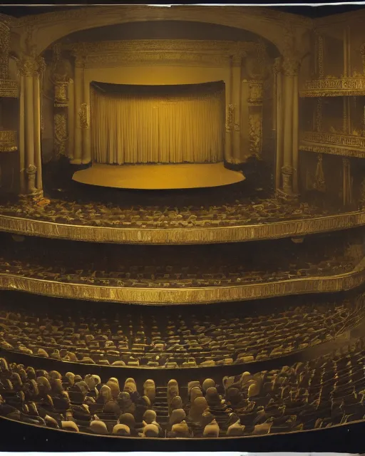 a pack theater with a single celloist and conductor on stage, gold decorations, back of theater view, dim light, spotlight