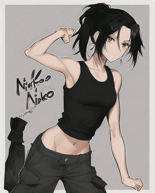 Name: Nikko PérezAge: 15Gender: FemalePhysical Description: Nikko has short, messy black hair that she often ties back in a ponytail. She has brown eyes and a slightly olive complexion. She is of average height and has a lean, athletic build. She often wears practical, comfortable clothing, such as cargo pants and a tank top, and keeps a backpack with her at all times., pixiv, Ilya Kuvshinov, Ilya Kuvshinov, watercolor, made of vines