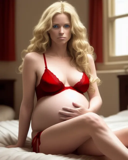 A pregnant woman.   She has long wavy blonde hair. She has blue eyes.  She is wearing red lingerie.   She is sitting on a bed waiting for her lover.