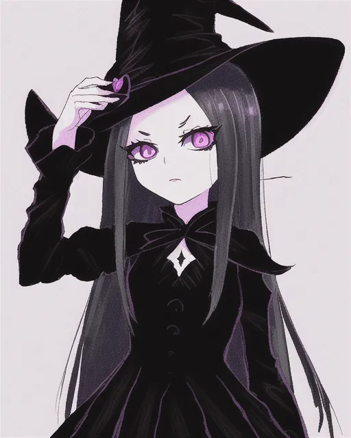Sarah good as Salem dressed like a witch/Wednesday Addams as a magical girl. Pointy witch hat. Black dress.