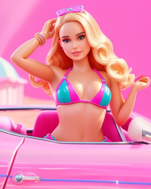 Natalie Portman wearing Barbie bikini dress driving in a Barbie theme park, hot summer, smooth skin and ultra detailed, cinematic photography, unreal engine 5, vibrant colours and vibes, digital painting,  digital illustration,  extreme detail,  digital art,  4k,  ultra hd, fantasy art, isometric 3d, surrealism, unity 3d