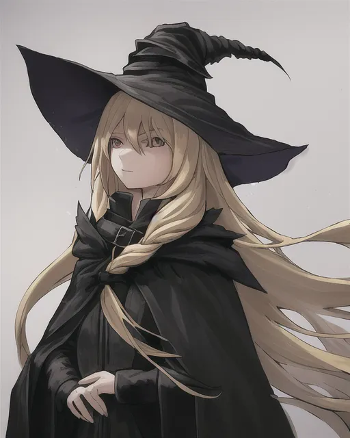 Girl with long blonde hair wearing a black cloak with raven feathers on the shoulders