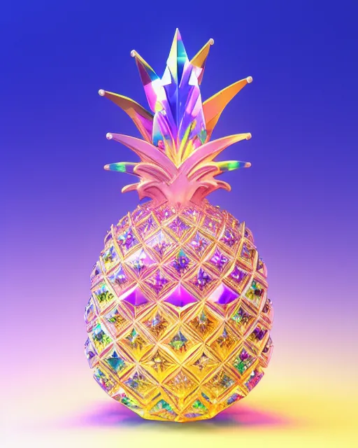Pineapple Swarovski Figurine, complex intricate clouds inside pineapple crystal render glitter sparkles, fluid, 8k resolution concept art Hyperdetailed 3d, shine, art Nouveau, composite ZBrush 3D triadic colors, glowing, pineapple on a crystal tree