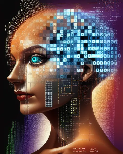 Medium shot of a beautiful woman made up of computer binary codes and data., digital painting,  digital illustration,  extreme detail,  digital art,  4k,  ultra hd, geometric, complex, spiraling, intricate, iridescent, parallax