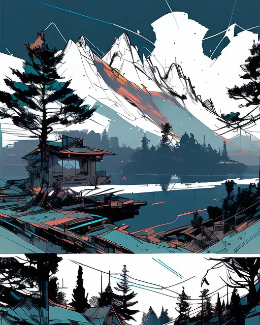 Mountain lake landscape, snowy on - Free AI Photo Generator - starryai