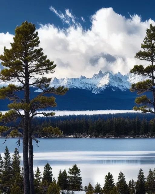 Mountain lake landscape, snowy on - Free AI Photo Generator - starryai