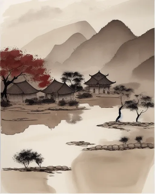 sepia ink wash Landscape of ancient villages in Ninh Binh Vietnam,  rocks, ponds, plum trees, pine trees, and mountains in the background, muted colors, wet on wet technique, sketch ink watercolor style with a splash of red by Wu Guanzhong, Truong Lo, Mary Jane Ansell, Agnes Cecile, muted splash art, ink splatter, faded dripping paints. sepia monochrome, soft impressionists brushstrokes