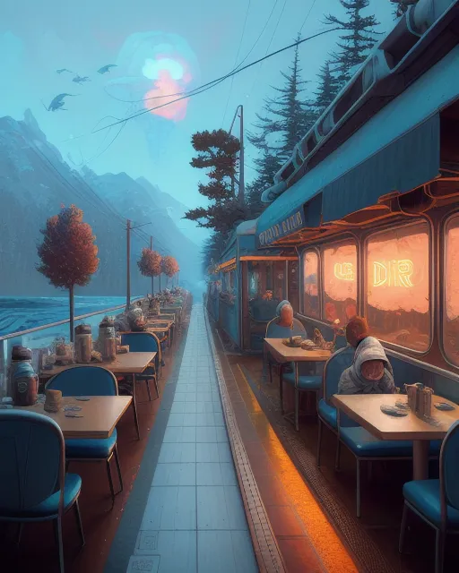 Diner at the end of the world, digital painting,  digital illustration,  extreme detail,  digital art,  4k,  ultra hd, james jean, hyperrealism, dan mumford, unreal engine, trending on artstation