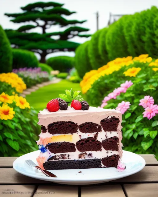 Artwork of an appetizing chocolate cake in a garden in the style of artist Katsushika Hokusai