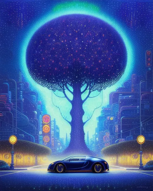 Bugatti, Neo-impressionist painting in the style of Paul Signac and Andy Kehoe, intricate detail, stylized, depth, Ominous Dead tree, Naoto Hattori