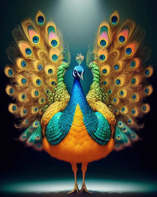 [Yellow and orange  peacock doing cartwheels], by Akihito Yoshida, Ismail Inceoglu, Karol Bak, Airbrush, Dramatic, Panorama, Cool Color Palette, Megapixel, Lumen Reflections, insanely detailed and intricate, hypermaximalist, elegant, ornate, hyper realistic, super detailed, unreal engine