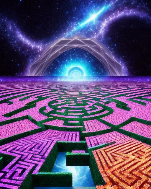 Detailed maze,Crystallized field of flowers, river,portal to a black hole with an Intricate maze leading to it, supernova in the sky, extreme detail,  digital art,  4k,  ultra hd,  detailed,  vibrant,  sharp focus,  wlop,  unreal engine, beautiful fantasy landscape,  realistic and natural,  cosmic sky,  detailed full-color,  nature,  hd photography,  realistic surrealism,  elements by nasa,  magical,  detailed,  alien plants,  gloss,  hyperrealism