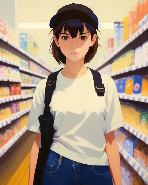 A ultradetailed beautiful panting of a stylish girl wearing streetwear in a convenience store, Oil painting, by Ilya Kuvshinov, Greg Rutkowski and Makoto Shinkai, heavenly beauty, barely clothed