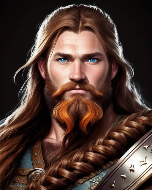 Male viking, brown long hair, full beard, intensive gaze, 