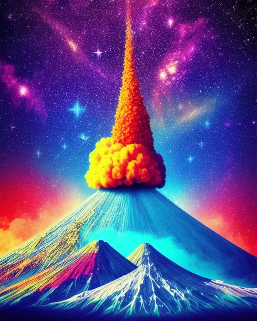 Colorful, explosion, Fractals, space, stars, trees, forest, animals, plants, mountain, volcano