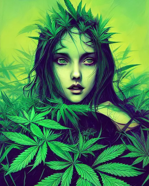 Marijuana leaf, green and purple, portrait, anna dittmann, dan mumford, trending on artstation, johan grenier, alena aenami