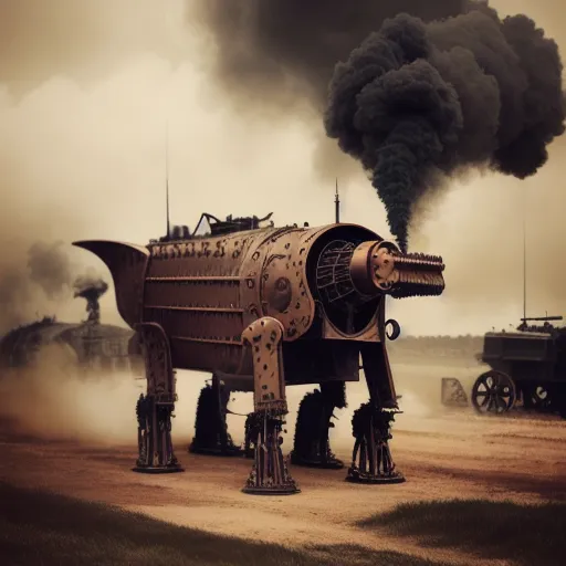 A steam powered Dinosaur mech marching across a WWI battlefield, steampunk, copper, gears, WWI military, smoke and fire, mist, photorealistic, vintage photography,  beautiful,  tumblr aesthetic,  retro vintage style,  hd photography,  hyperrealism, vintage photography,  beautiful,  tumblr aesthetic,  retro vintage style,  hd photography,  hyperrealism, aerial view, slow shutter speed, overcast, daguerrotype