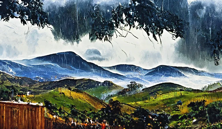 Rainy day over hills - Free AI Photo Generator - starryai