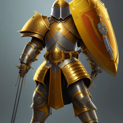 Golden Shield Knight , 8k resolution flame sword