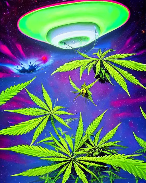 Marijuana weed and ufo￼ Aliens ￼￼ 4K, ultra realistic, oil on canvas, fantastic view, RHADS, Painted Impasto With Palette Knife, Barbara Jaskiewicz, Hirohiko Araki, beautiful, psychedelic, glowing neon, colorful, space