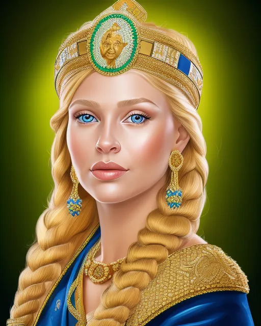 A Ukrainian queen with blond hair and green eyes on her throne draped in the Ukrainian flag. 