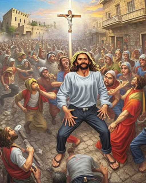 Jesus Christ leads an unruly mob of anti-crucifixion protestors with wooden cross batons into a violent clash against ancient Roman riot police Soldiers on crucifix hill in old Jerusalem