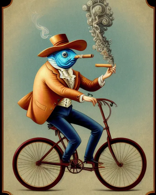 aristocratic fish riding a bicycle - AI Photo Generator - starryai