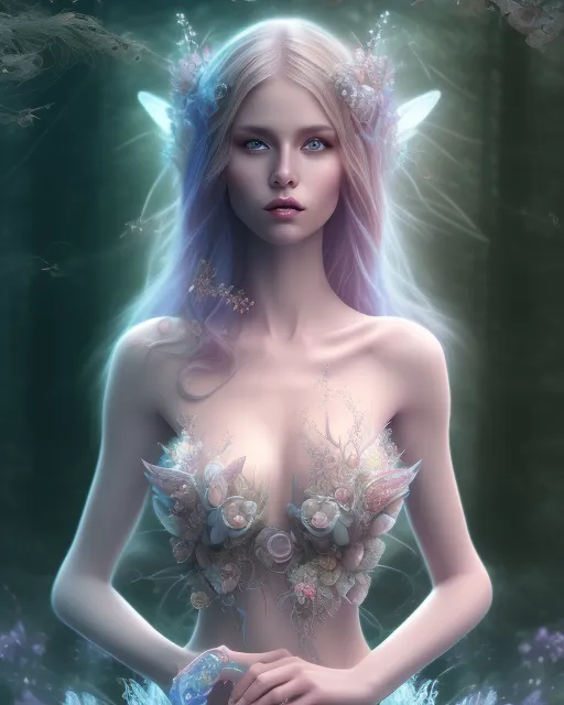 Magical fairy in the woods detailed focused face hands beautiful body 