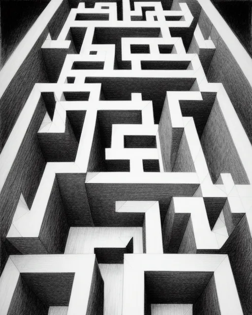 View of a maze from above, entry and exit paths., graphite pencil drawing,  realistic,  natural,  b&w illustration,  fine art, concept art, polished