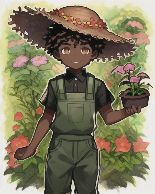 A dark skinned kid with a gardeners outfit and has floral hat and has a power to make plants