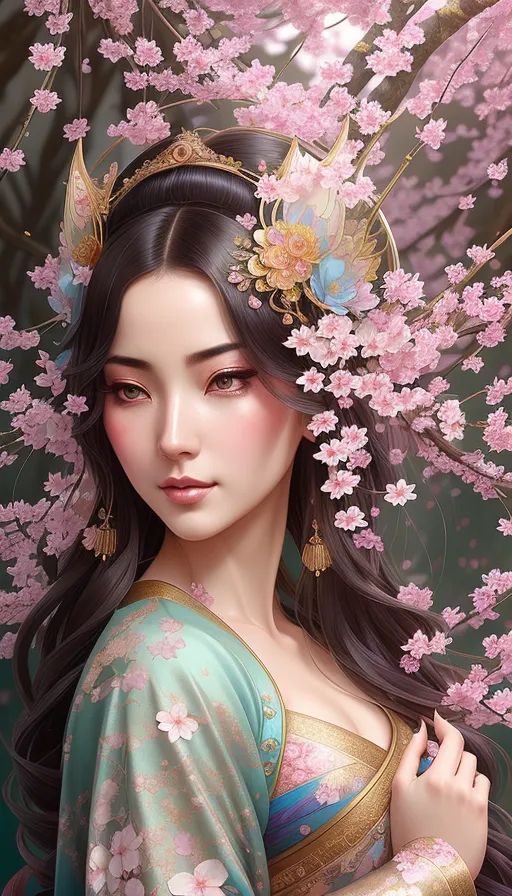 A beautiful geisha standing in a cherry blossom g - starryai