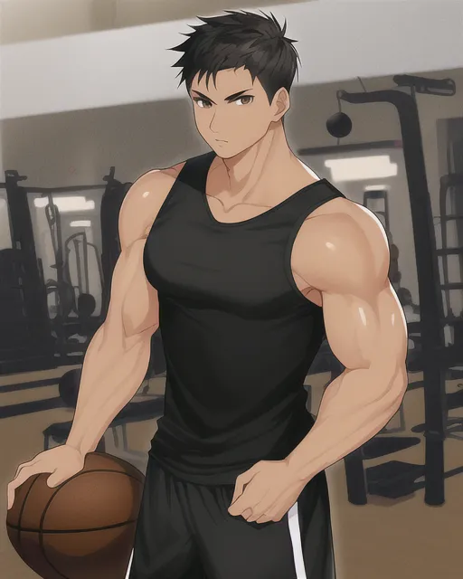 Black haired man, brown eyes, muscular, light tan skin, wearing black tank top, black gym shorts, basketball