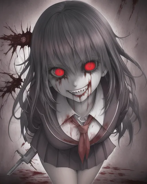 High quality artwork, very detailed, anime artwork, 4K resolution, yandere, anime girl, psychopath, school setting, dark atmosphere, horror artwork, tan skin, school uniform, wide eyes, scary grin, blood