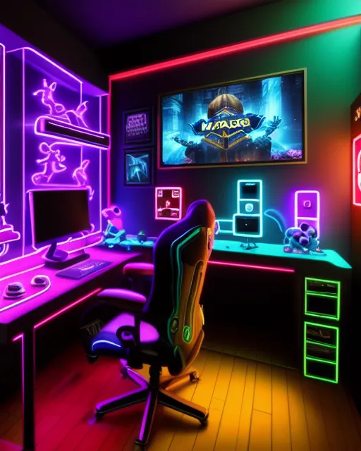 Gamer's room interior, late evening, - AI Photo Generator - starryai