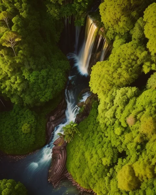 Forest, tropical, waterfall, travel shot, aerial view, golden hour