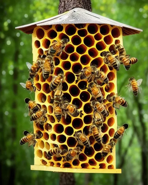 Bee hive, hanging on tree limb , honey bees flying , forest , honeybees in beehive, honeycomb inside hive.