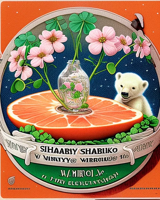 A baby polar bear seltzer water label with shamrocks and pink grapefruit slices. Elsa beskow, jan Brett, vintage illustrations, fairy tale, alyssa monks, whimsical, expansive, bob byerley, watercolor, neoclassicism, Victorian postcard. Border of forget-me-nots.