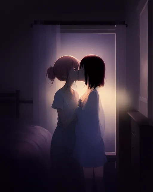 ghost girl kissing boyfriend before going to bed, ethereal, concept art, beautiful, akihito yoshida
