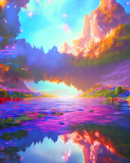 Land of beauty and magic,stars and flowers, rivers,reflectionsdigital painting,  digital illustration,  extreme detail,  digital art,  4k,  ultra hd,  detailed,  vibrant,  sharp focus,  wlop,  artgerm,  kuvshinov,  unreal engine, beautiful fantasy landscape,  cosmic sky,  detailed full-color,  nature,  hd photography,  fantasy by john stephens,  galen rowell,  david muench,  james mccarthy,  hirō isono,  elements by nasa,  magical,  gloss,  hyperrealism