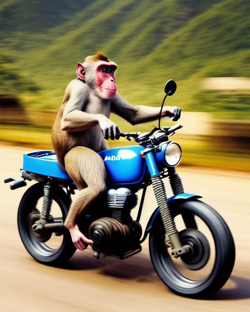 A macaque monkey driving an all-terrain cafe racer style motorcycle, the monkey wears a leather jacket and blue pants with borzegoss

