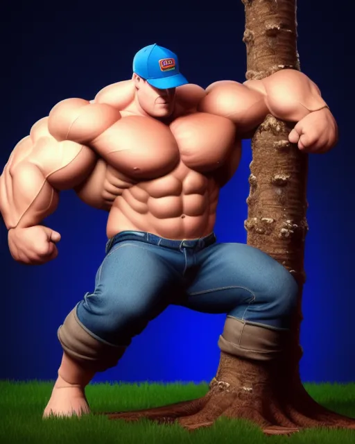 a enormously muscle bound lumberjack wearing a blue jean pants and blue 
truck hat demonstrating  his brute strength uprooting a heavy tree with his left arm, hd, dslr, hyper realistic,huge muscles, massive strength,huge abs, heavy physique , hulking monstrous body, megastrong guy, muscle veins ,body type endomorph, stocky build, huge pecs, bodybuilder anime hd